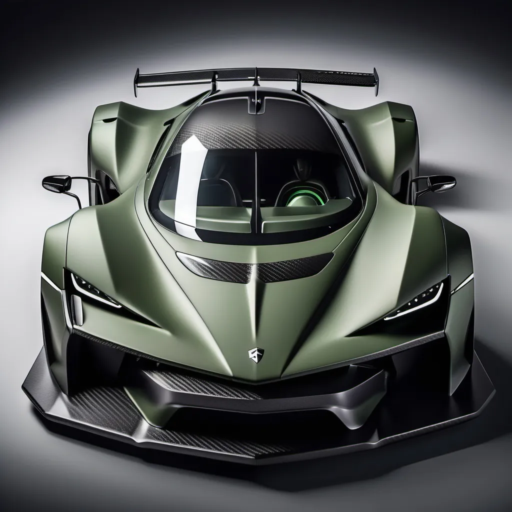 Prompt: Hypercar, matte military green with carbon fiber finish, Aerodynamic body, minimalist shape, fierce appearance, Bumper with a very complicated grill shape,  With the ghost logo on the front body in a square shape, Triangle and cute headlights, With a mountain feel