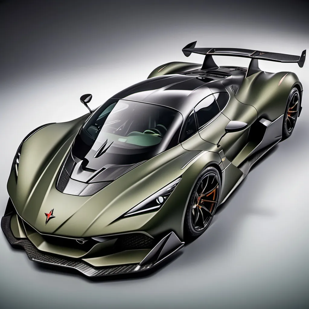 Prompt: Hypercar, matte military green with carbon fiber finish, Aerodynamic body, minimalist shape, fierce appearance, Bumper with a very complicated grill shape,  With the Garuda logo on the front body in a square shape, Triangle and cute headlights, With a mountain feel