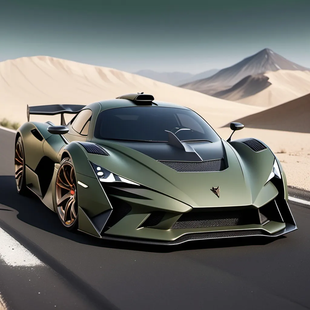 Prompt: Hypercar, matte military green with carbon fiber finish, Aerodynamic body, minimalist shape, fierce appearance, Bumper with a very complicated grill shape,  With the Garuda logo on the front body in a square shape, Triangle and cute headlights, With a mountain feel