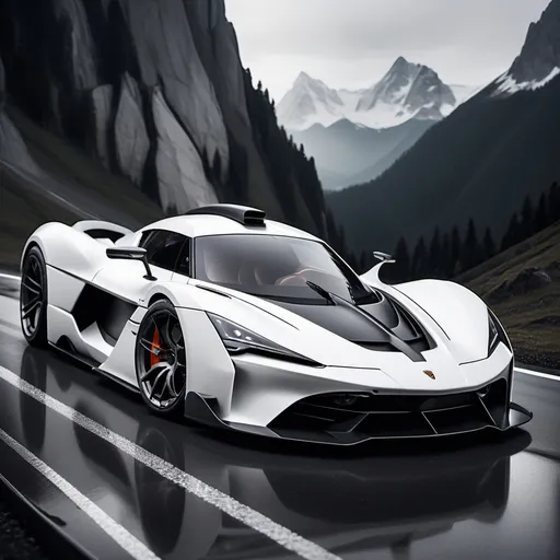 Prompt: Hypercar, matte white with carbon fiber finish, Aerodynamic body, minimalist shape, fierce appearance, round and cute headlights, With a mountain feel