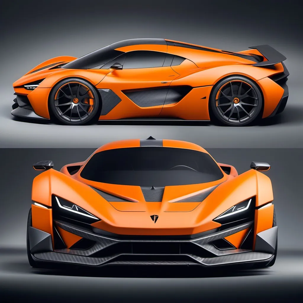 Prompt: Hypercar,  matte orange with carbon fiber finish, Aerodynamic body, minimalist shape, fierce appearance, With a triangular bumper and a very complicated grill shape,  With the ghost logo on the front body in a square shape, Triangle and cute headlights, With a mountain feel