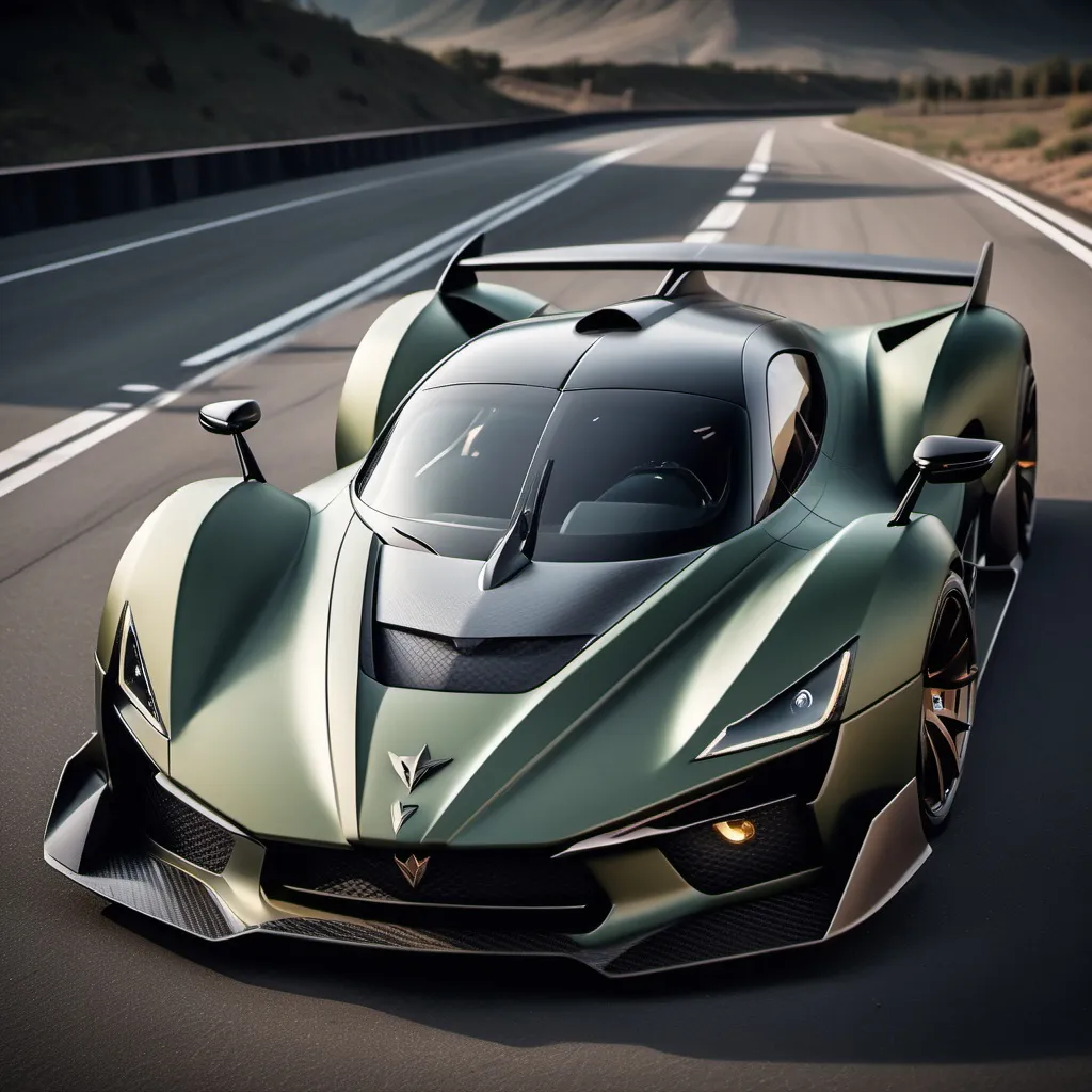 Prompt: Hypercar, matte military green with carbon fiber finish, Aerodynamic body, minimalist shape, fierce appearance, Bumper with a very complicated grill shape,  With the Garuda logo on the front body in a square shape, Triangle and cute headlights, With a mountain feel