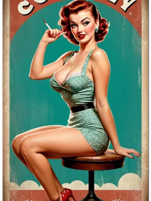 Prompt: Cool, vintage poster, pin up, high quality, detailed, retro, vibrant colors, classic style, nostalgic vibe, artistic illustration, classic typography, old-fashioned, authentic texture, alluring pin up model, vintage attire, bold and striking, artistic rendering, professional, vintage theme, vibrant hues, atmospheric lighting