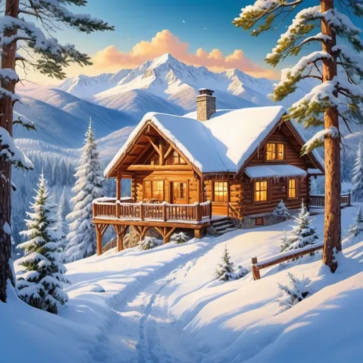 Prompt: (breathtaking winter landscape), serene snowy mountains, (inviting cozy cabin), warm golden lighting, tranquil snow-covered trees, sparkling icicles, (panoramic view), crisp clear blue sky, peaceful atmosphere, hot cocoa steaming on the porch, (ultra-detailed), vibrant contrast between white snow and deep green pines, ideal winter holiday destination.