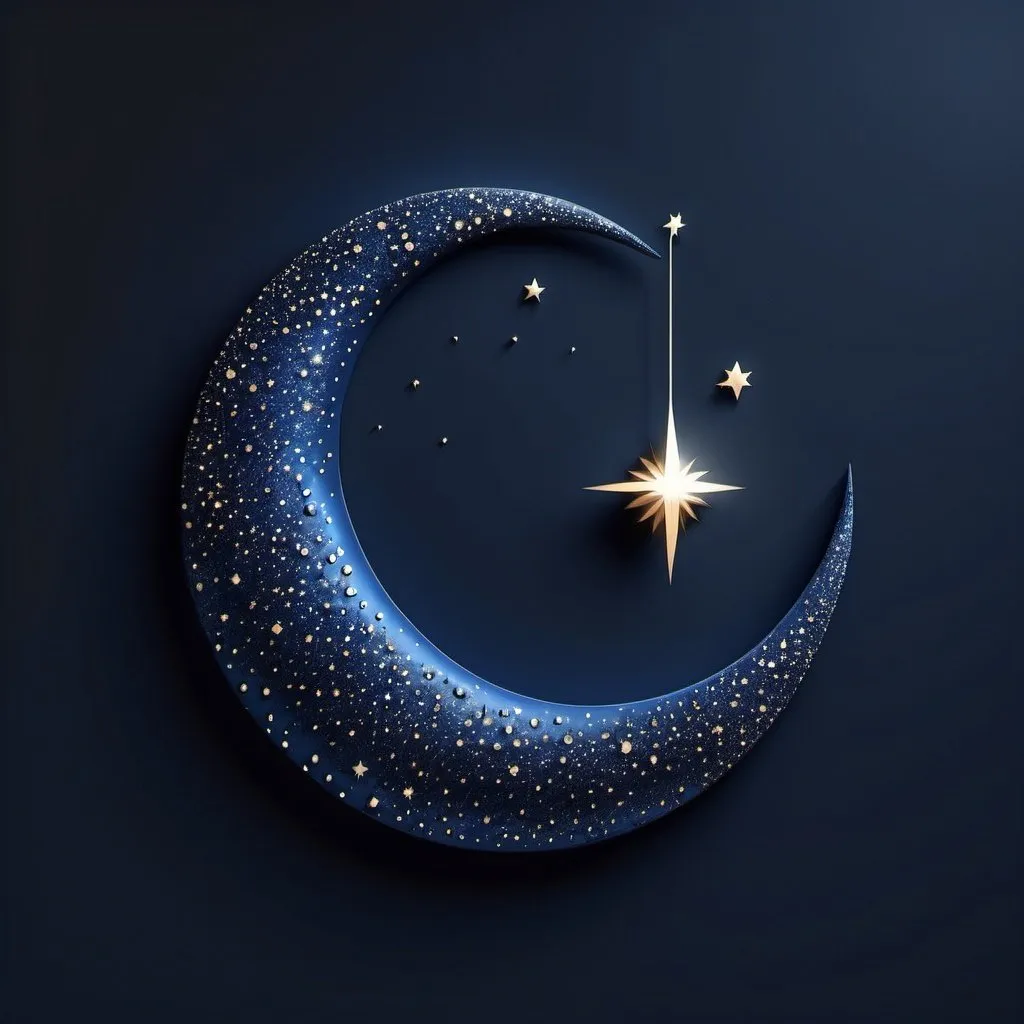 Prompt: A single 3D Ramadan crescent moon, deep midnight blue sky, the moon sparkles, modern, simple design, 