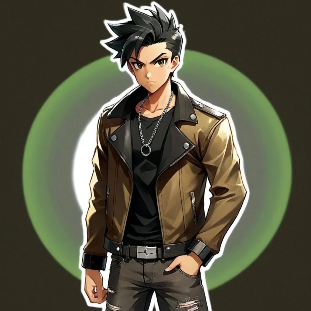 Prompt: Male Pokemon master. He is 20 years old. He is wearing black jeans, black collar shirt and black shoes. He is wearing a brown leather jacket. Brown skin tone. Black hair. Short hair. His Left eye is green and his Right eye is silver. Small black piercings on each ear. He is muscular. silver chain Necklace.