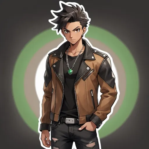 Prompt: Male Pokemon master. He is 20 years old. He is wearing black jeans, black collar shirt and black shoes. He is wearing a brown leather jacket. Brown skin tone. Black hair. Short hair. His Left eye is green and his Right eye is silver. Small black piercings on each ear. He is muscular. Necklace is silver.