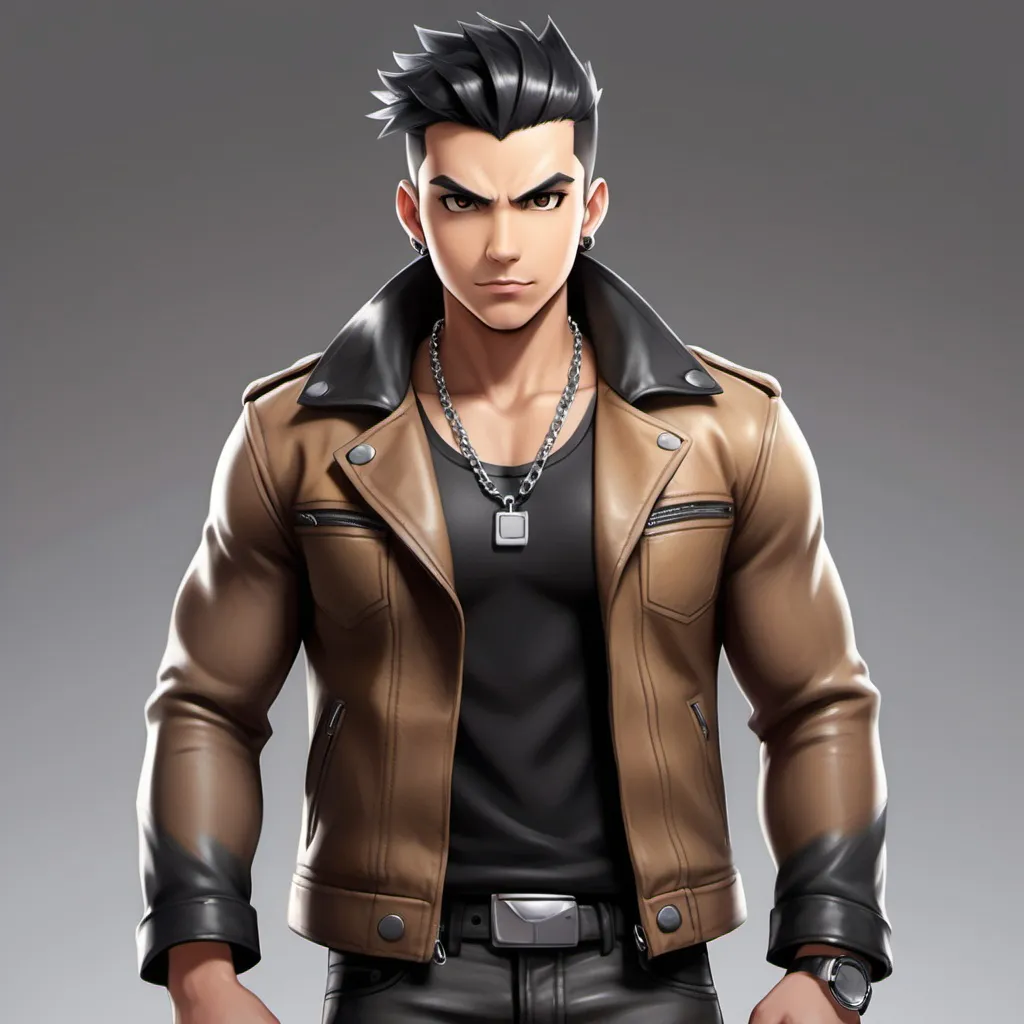 Prompt: Pokémon Trainer. Masculine Hispanic male. He is 30 years old. He is very muscular. He is wearing a brown leather jacket, black collar shirt, black pants, and black shoes. He has a short black hair. The male has silver eyes. Small silver chain necklace. Silver watch. Black small piercings on each ear. Hairy chest.  He is very elegant and has style.