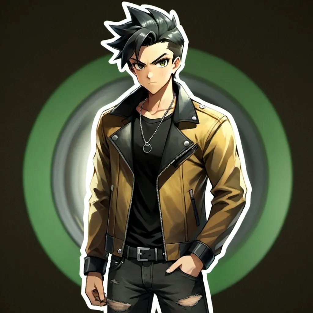 Prompt: Male Pokemon master. He is 20 years old. He is wearing black jeans, black collar shirt and black shoes. He is wearing a brown leather jacket. Brown skin tone. Black hair. Short hair. His Left eye is green and his Right eye is silver. Small black piercings on each ear. He is muscular. silver chain Necklace.