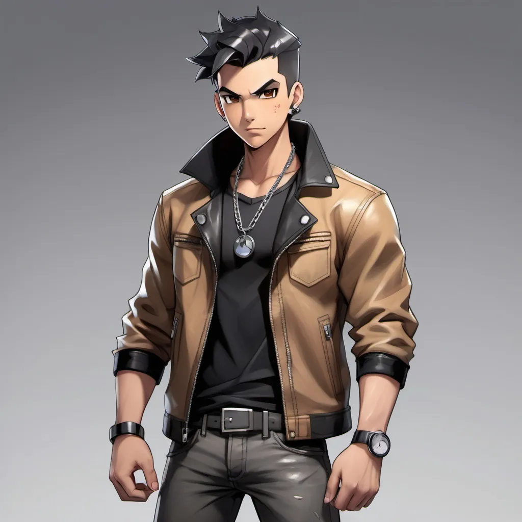 Prompt: Full body image. Pokémon Trainer. Masculine Hispanic male. He is 30 years old. He is very muscular. He is wearing a brown leather jacket, black collar shirt, black pants, and black shoes. He has a short black hair. The male has silver eyes. Small silver chain necklace. Silver watch. Black small piercings on each ear. Hairy chest.