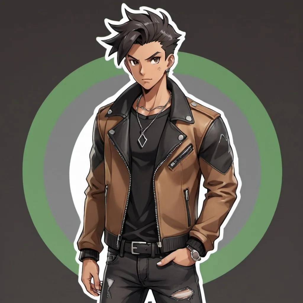 Prompt: Male Pokemon master. He is 20 years old. He is wearing black jeans, black collar shirt and black shoes. He is wearing a brown leather jacket. Brown skin tone. Black hair. Short hair. His Left eye is green and his Right eye is silver. Small black piercings on each ear. He is muscular. plain Necklace is silver.