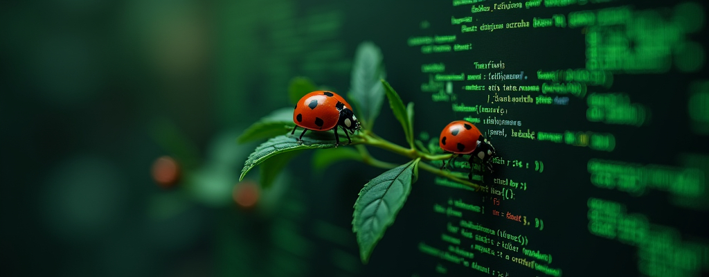 Prompt: Against a dark green background, ladybirds hide among the computer's programming codes in various places.