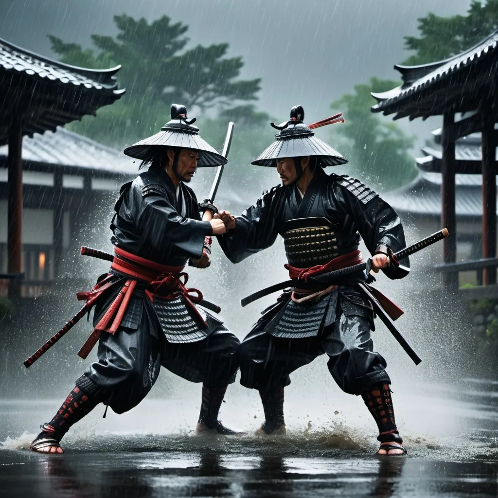 Prompt:  "A realistic depiction of two samurais engaged in a fierce battle under heavy rain. The samurais, dressed in traditional armor with katanas clashing, are positioned in dynamic fighting stances. The rain is pouring down, bouncing off their armor and swords, creating a dramatic and intense atmosphere. The background is dark and moody, with hints of a traditional Japanese landscape blurred in the rain. The overall scene is cinematic, capturing the tension and power of the moment