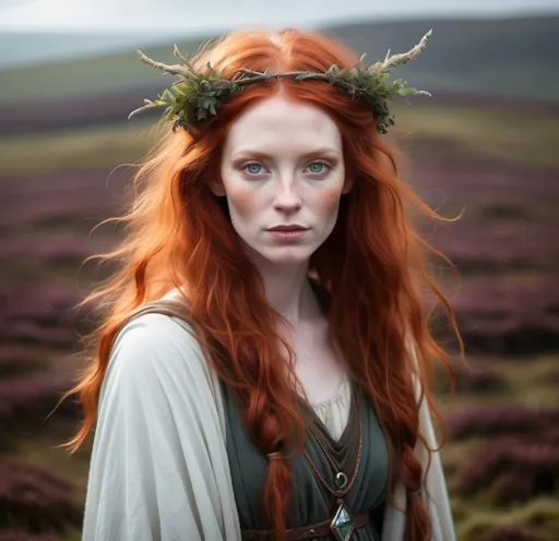 Prompt: Scottish female changeling druid, wild red hair, pale skin glowing with ethereal light, enchanted and mystical moorland background