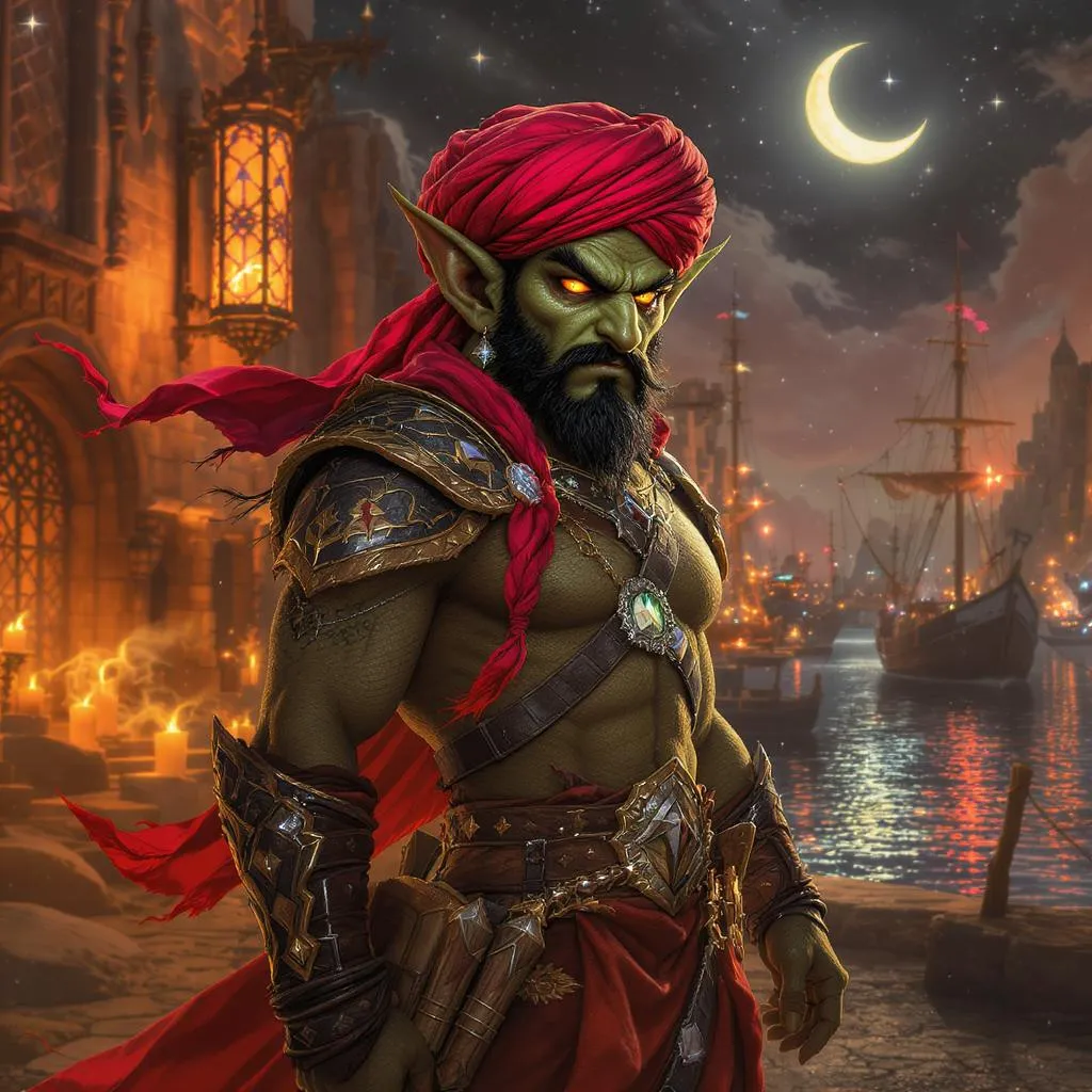 Prompt: d&d5e turbaned male goblin scout captain in dreamlike desert port city arabian nights culture and costume