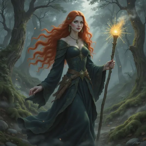 Prompt: @NRMn2EnOAtDXsez72olR is walking through the Scottish woods, clad in a traditional kirtle and earasaid.  She is using a short staff as a walking stick and has a long dirk at her side. 