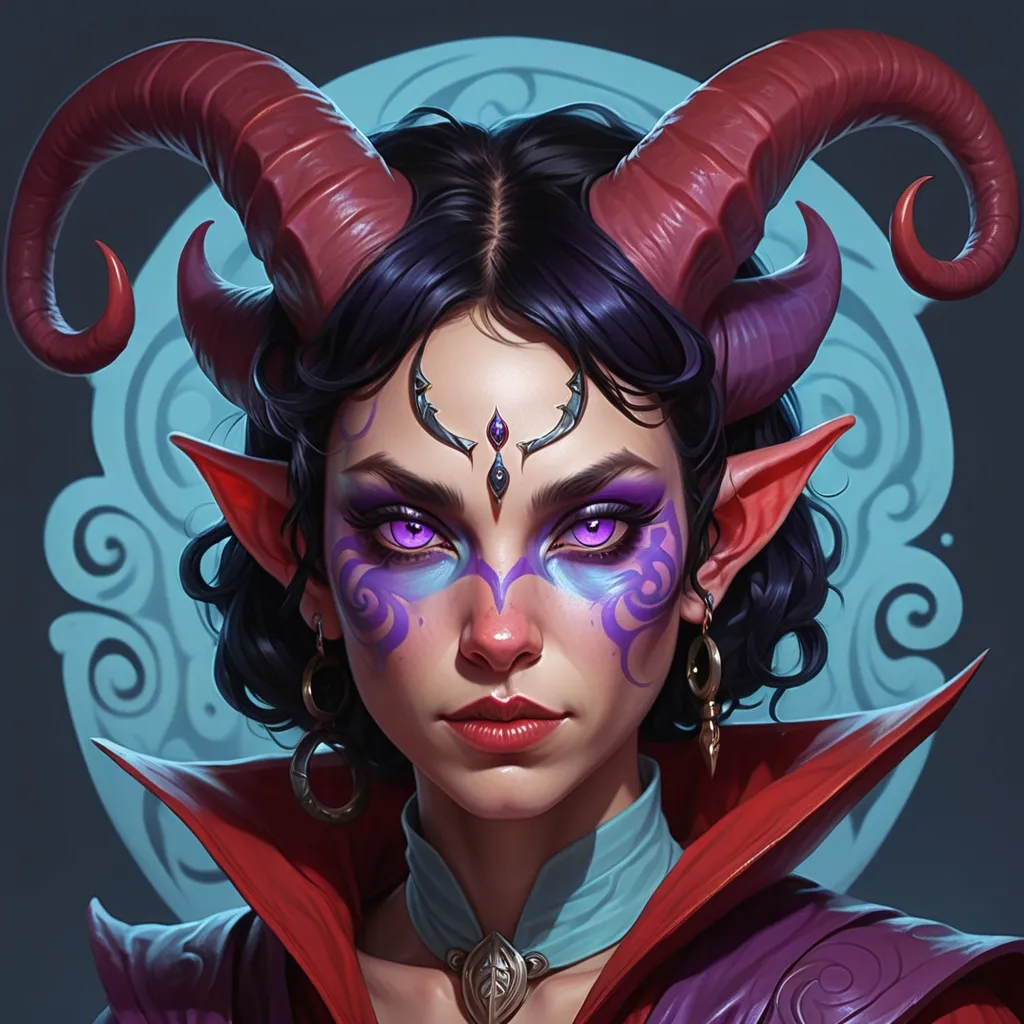 Prompt: Short, compact red-skinned tiefling woman with night-black hair and piercing purple cat's eyes, red skin with light blue swirls, curling rams horns under hood, priestess of Angharrad