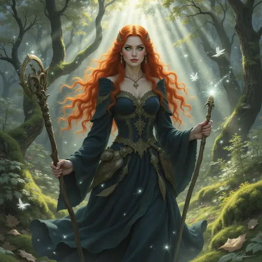 Prompt: @NRMn2EnOAtDXsez72olR A female sorceress clad in a traditional kirtle and earasaid strides confidently through the lush Scottish woods. The fabric of her garments sways gently with her movement, blending harmoniously with the vibrant greens and earthy browns of the forest. She grips a short staff, intricately carved, which serves as her walking stick, while a long dirk hangs at her side, its hilt glinting in dappled sunlight. The air is filled with the sounds of rustling leaves and distant birdsong, creating a serene atmosphere. Sunlight filters through the canopy above, casting playful shadows on the forest floor, enhancing the enchanting feel of the scene.