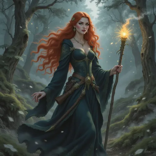 Prompt: @NRMn2EnOAtDXsez72olR is walking through the Scottish woods, clad in a traditional kirtle and earasaid.  She is using a short staff as a walking stick and has a long dirk at her side. 