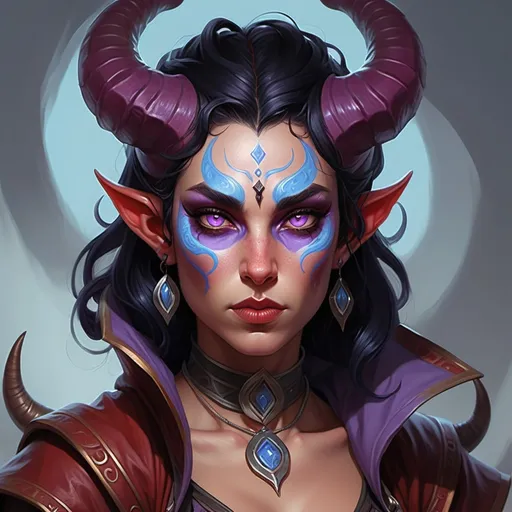 Prompt: Short, compact tiefling woman with night-black hair and piercing purple eyes whose catlike pupils grow lighter and hotter in the center when she is angry, rich red skin with light blue swirls, curling rams horns under hood, priestess of Angharrad