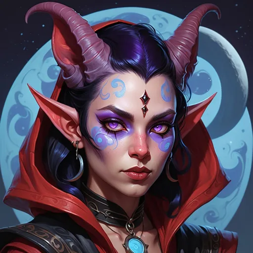 Prompt: Short, compact red-skinned tiefling woman with night-black hair and piercing purple cat's eyes, red skin with light blue swirls, moon priestess, small rams horns under hood