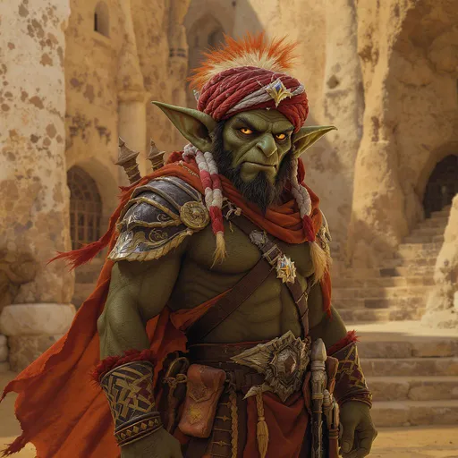 Prompt: d&d5e rurbaned male goblin scout captain in dreamlike desert port city arabian nights culture and costume