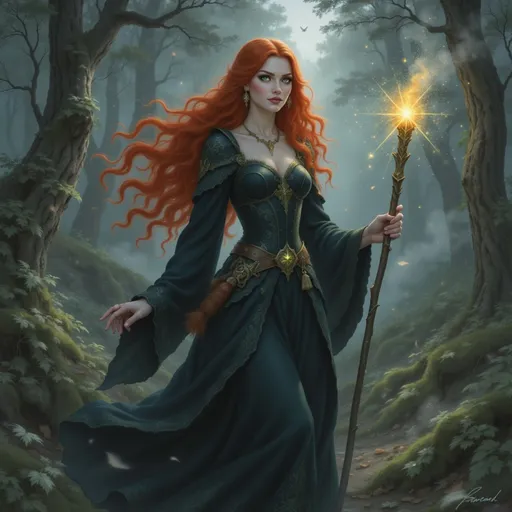 Prompt: @NRMn2EnOAtDXsez72olR is walking through the Scottish woods, clad in a traditional kirtle and earasaid.  She is using a short staff as a walking stick and has a long dirk at her side. 