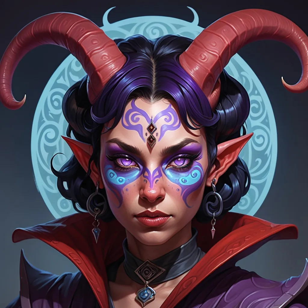 Prompt: Short, compact red-skinned tiefling woman with night-black hair and piercing purple cat's eyes, red skin with light blue swirls, curling rams horns under hood, priestess of Angharrad