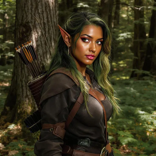 Prompt: A half elven ranger in the Forgotten realms whose human parent is Turami and whose elven parent is wood elf, described as having deep glowing green-black hair with amber highlights and flecks, warm mahogany skin with coppery tones and highlights, and emerald green eyes visibly flecked with deep bronze 