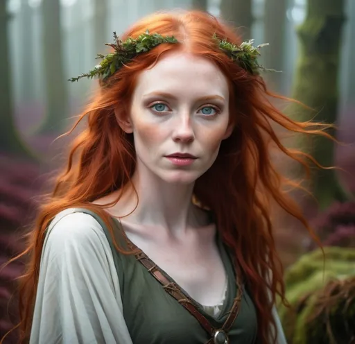 Prompt: Scottish female changeling druid, wild red hair, pale skin glowing with ethereal light, enchanted and mystical moorland background