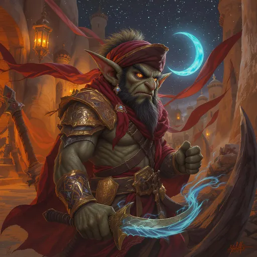 Prompt: d&d5e rurbaned male goblin scout captain in dreamlike desert port city arabian nights culture and costume