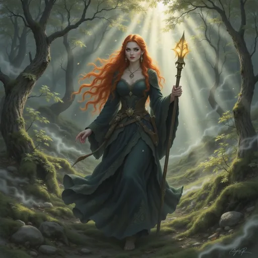 Prompt: @NRMn2EnOAtDXsez72olR is walking through the Scottish woods, clad in a traditional kirtle and earasaid.  She is using a short staff as a walking stick and has a long dirk at her side. 
