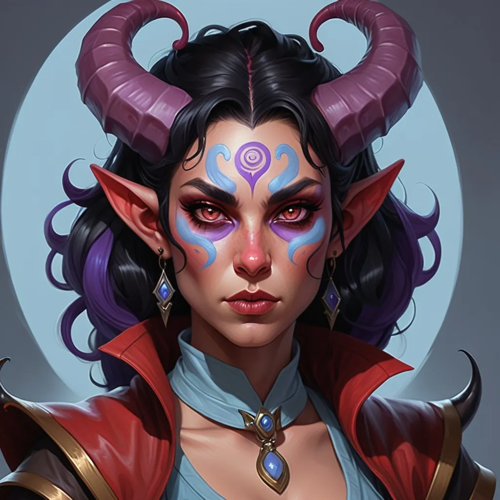 Prompt: Short, compact tiefling woman with night-black hair and piercing purple eyes whose catlike pupils grow lighter and hotter in the center when she is angry, rich red skin with light blue swirls, curling rams horns under hood, priestess of Angharrad