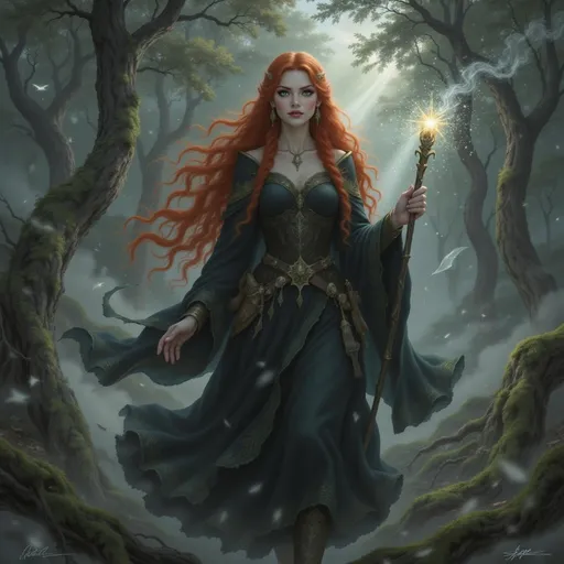 Prompt: @NRMn2EnOAtDXsez72olR is walking through the Scottish woods, clad in a traditional kirtle and earasaid.  She is using a short staff as a walking stick and has a long dirk at her side. 