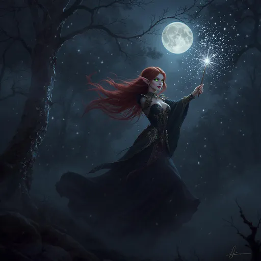 Prompt: In a serene, misty forest glen bathed in silver moonlight, a red-haired Scottish sorceress with mischievous, emerald eyes glides gracefully through the ethereal fog. The moon casts an enchanting glow, illuminating the intricate details of her elvish features—pointed ears peeking through vibrant locks, and an elegantly almond-shaped face that hints at ancient magic. The air is cool and filled with whispers of nature, as the sorceress playfully twirls a glimmering wand, sending sparkles dancing into the mist. Shadows flit between the trees, enhancing the magical ambience. This bewitching scene, rich in detail and atmosphere, would be perfectly depicted in a dark fantasy concept art style, inviting viewers into a world of wonder and intrigue.