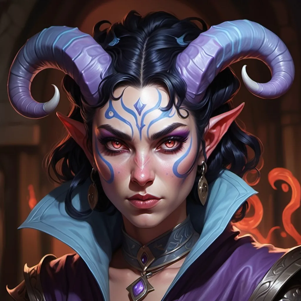 Prompt: Short, compact tiefling woman with night-black hair and piercing purple eyes whose catlike pupils grow lighter and hotter in the center when she is angry, rich red skin with light blue swirls, curling rams horns under hood, priestess of Angharrad