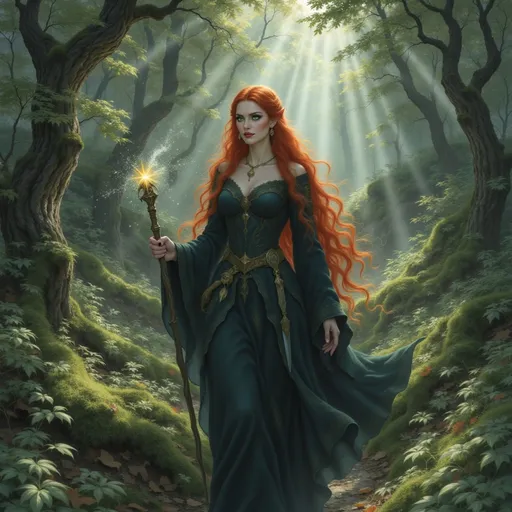 Prompt: @NRMn2EnOAtDXsez72olR A female sorceress clad in a traditional kirtle and earasaid walks gracefully through the lush Scottish woods, her presence blending harmoniously with the vibrant greenery. The dappled sunlight filters through the towering trees, casting playful shadows on the forest floor. She grips a short staff as a walking stick, its surface worn from use, while a long dirk hangs at her side, its hilt glinting in the soft light. The air is filled with the sounds of rustling leaves and distant birdsong, enhancing the serene atmosphere as she navigates the winding path, her gaze focused ahead, embodying both strength and grace.