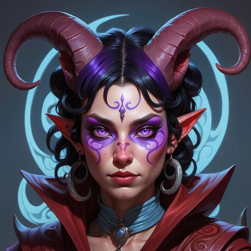 Prompt: Short, compact red-skinned tiefling woman with night-black hair and piercing purple cat's eyes, red skin with light blue swirls, curling rams horns under hood, priestess of Angharrad