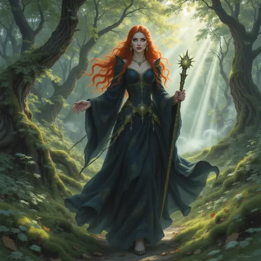Prompt: @NRMn2EnOAtDXsez72olR A female sorceress clad in a traditional kirtle and earasaid walks gracefully through the lush Scottish woods, her presence blending harmoniously with the vibrant greenery. The dappled sunlight filters through the towering trees, casting playful shadows on the forest floor. She grips a short staff as a walking stick, its surface worn from use, while a long dirk hangs at her side, its hilt glinting in the soft light. The air is filled with the sounds of rustling leaves and distant birdsong, enhancing the serene atmosphere as she navigates the winding path, her gaze focused ahead, embodying both strength and grace.