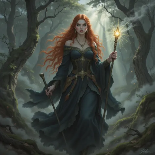 Prompt: @NRMn2EnOAtDXsez72olR is walking through the Scottish woods, clad in a traditional kirtle and earasaid.  She is using a short staff as a walking stick and has a long dirk at her side. 
