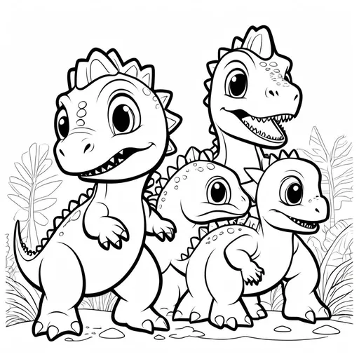 Prompt: B&W coloring book page, cute baby dinosaurs, line art, solid white background