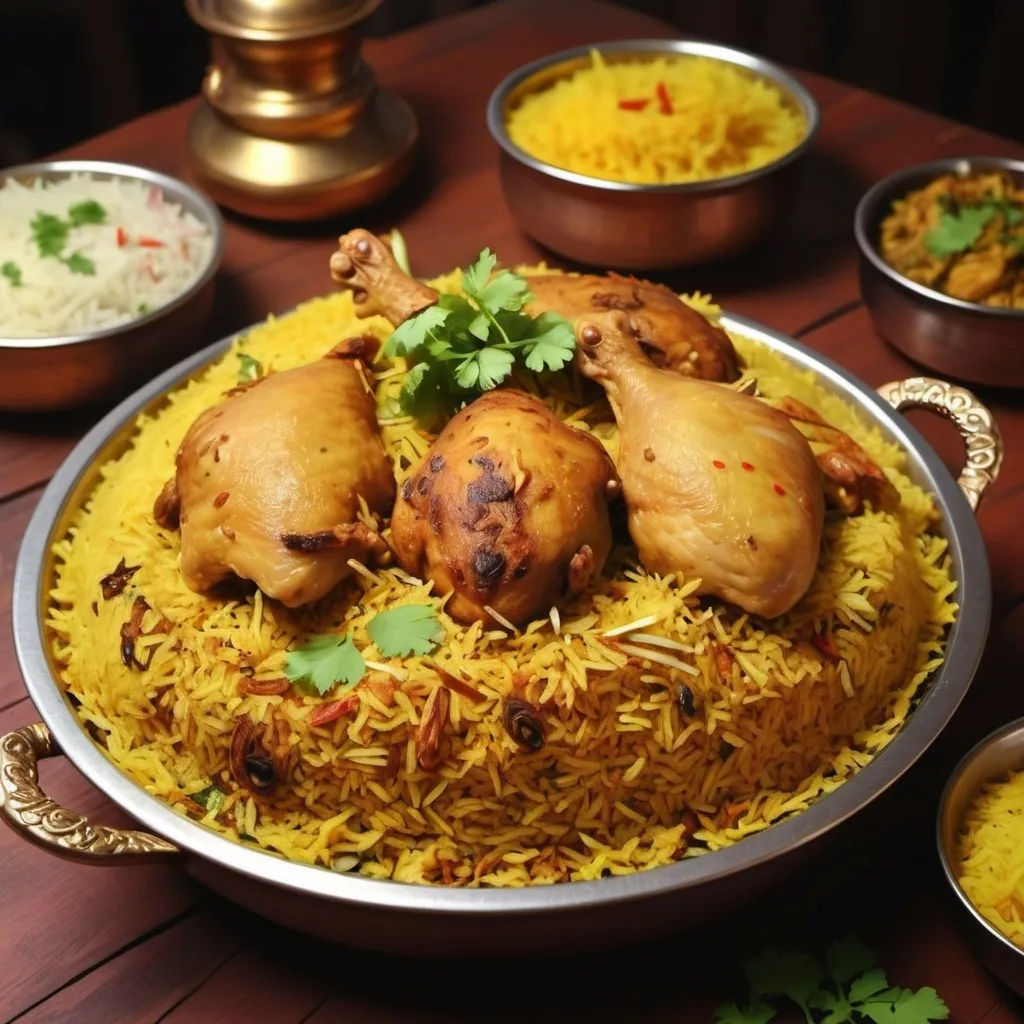 Prompt: Chicken dum biryani dish image at restaurant in a Andhra style