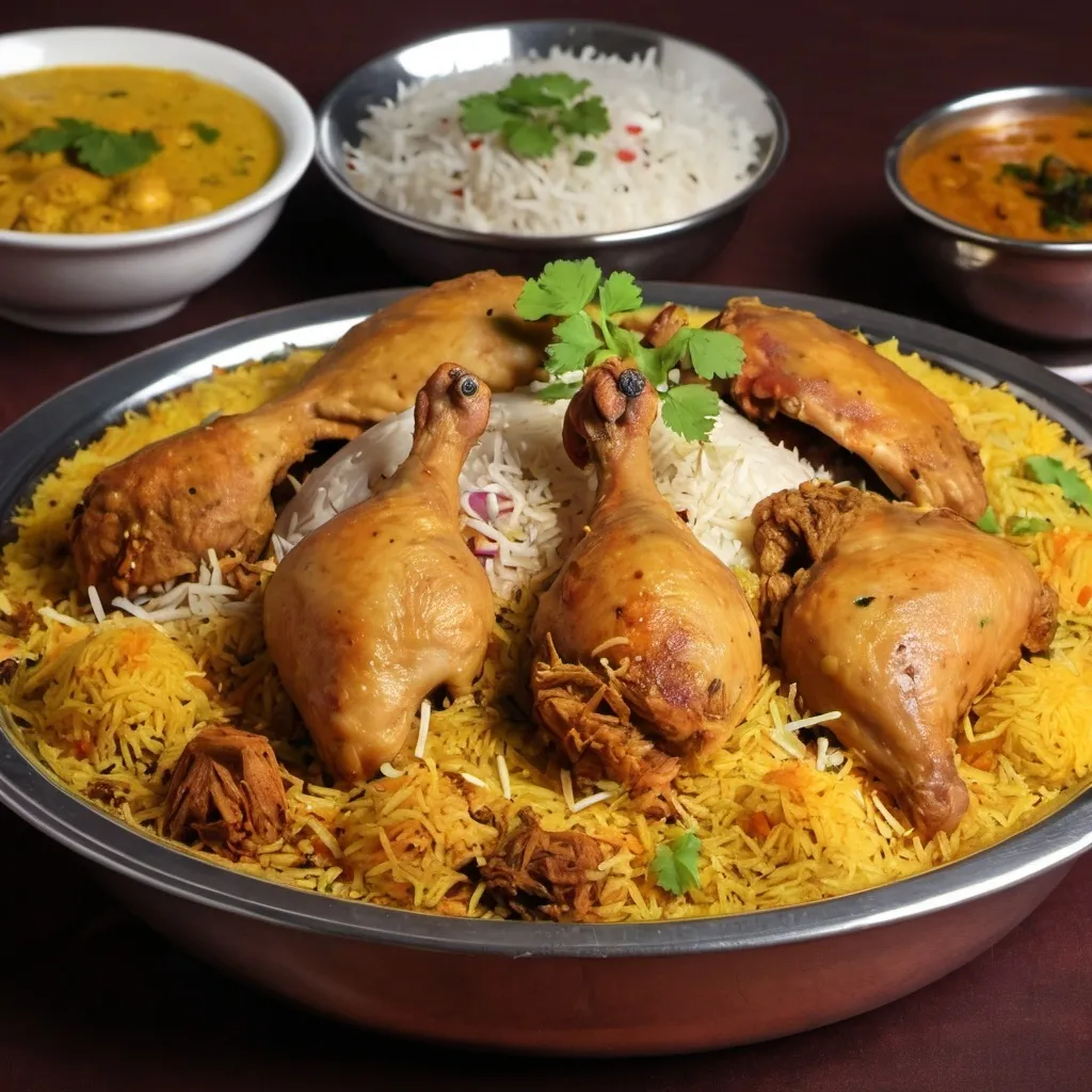 Prompt: Chicken dum biryani dish image at restaurant in a Andhra style