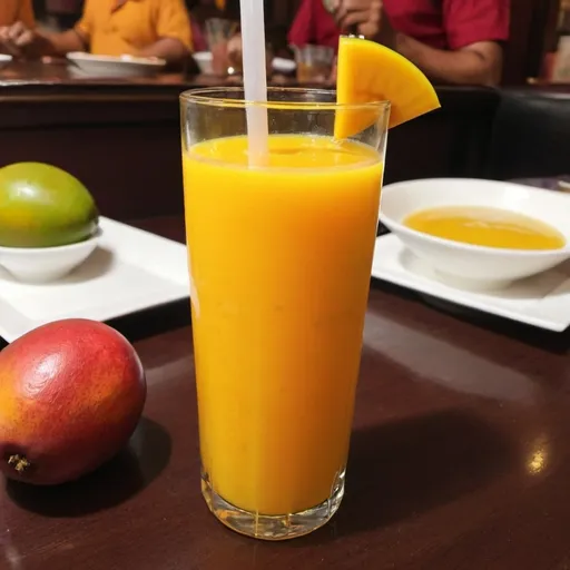 Prompt: cold mango juice image at Indian restaurant 