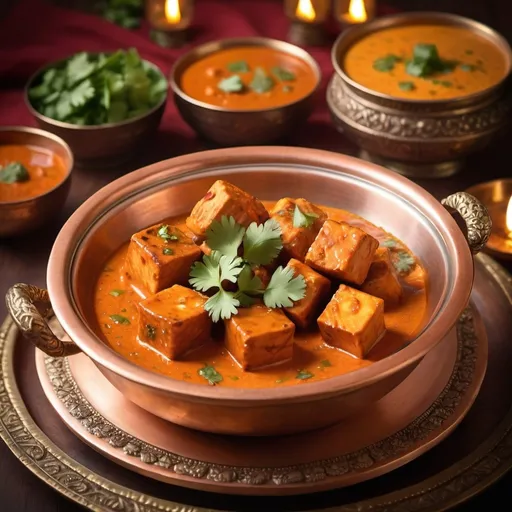 Prompt: Paneer tikka masala dish image at Indian restaurant 