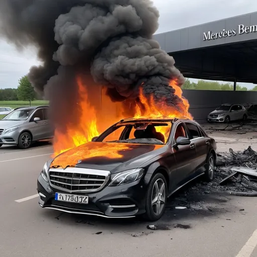 Prompt: Mercedes benz boar burns after explosion 