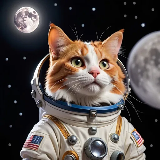 Prompt: A calico cat wearing a space helmet and space suit with diamond paws is looking up at the moon. The moon is big. It is dark out and there are stars in the sky. 