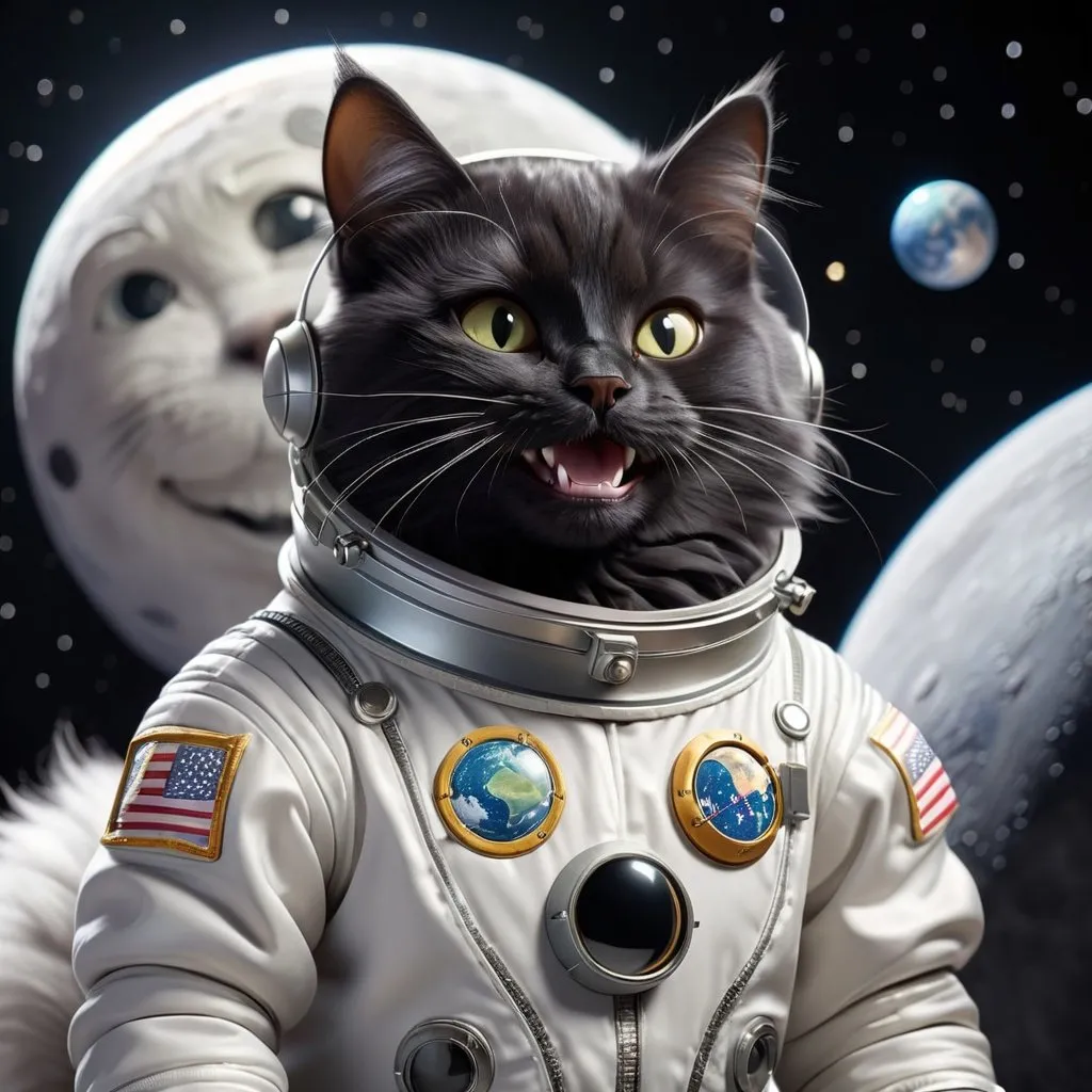 Prompt: A fluffy black cat is wearing a silver space suit. The cat is smiling. The cat is on the moon, the sky is black and there are little stars everywhere. In the distance, you can see Earth. 