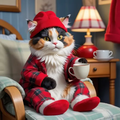 Prompt: A fluffy calico cat wearing a red night cap with a cup of tea in hand is sitting in a chair in a bedroom at night . The cat is also wearing red and black plaid pajamas. The cat is wearing slippers as well. 