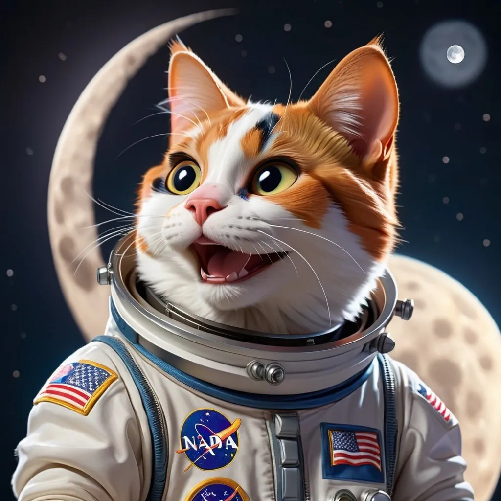 Prompt: A calico cat wearing a space helmet and space suit with diamond paws is looking towards the moon. It is dark out and there are lots of starts in the sky. The moon will be to the cat’s right side and the moon is big. The cat is smiling. 